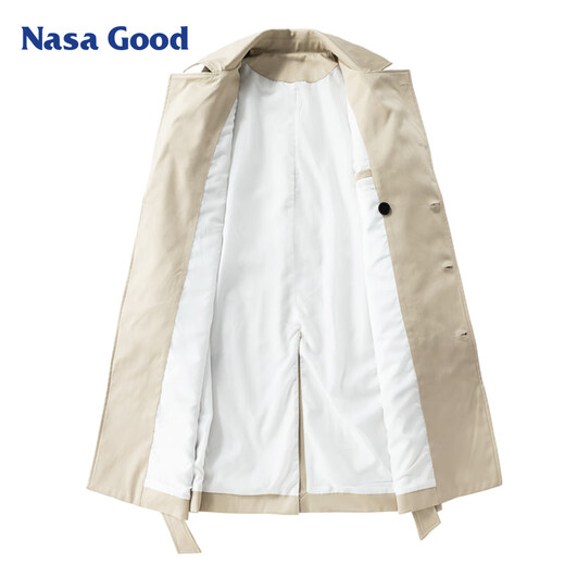 NASA GOOD mid-length windbreaker for men in autumn and winter, cold and warm, loose casual double-breasted belt jacket, black XL