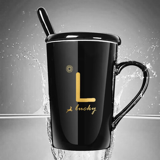 JINGREPUBLIC mug ceramic coffee cup tea cup large capacity 380ml with spoon lid Lucky series black