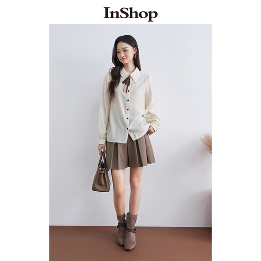 InShop shopping mall same style new women's retro literary college style bow tie shirt age-reducing long-sleeved top apricot S