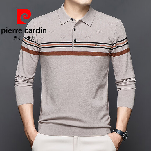 Pierre Cardin Spring and Automne NOUVEAU BUCUPAGE CONCUTÉE CASBRICAL T-shirt long à manches longues Polo à rayures en tricot mince d'âge moyen. Chemise GY12808 Brown Camel M Suggestion-125Jin [Jin est égal à 0,5 kg]