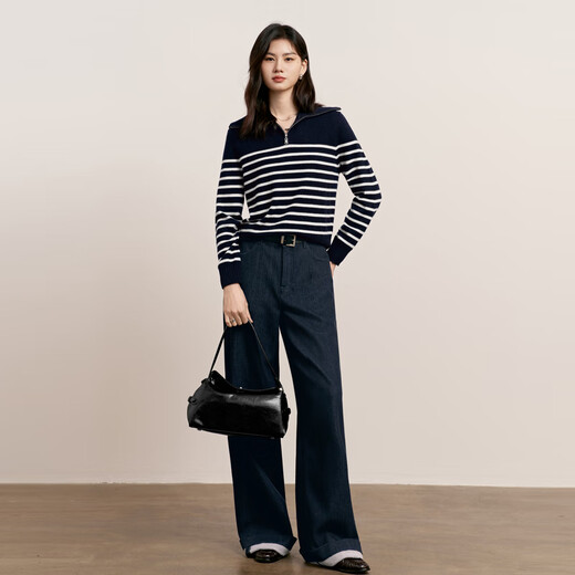 Eveli (eifini) Jiang Xin endorses Eveli herringbone velvet jeans straight wide-leg floor-length pants 2025 winter new style dark navy pre-sale M 105-115Jin Jin equals 0.5 kg waist circumference 70