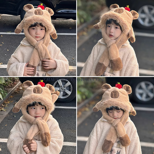 Mumuwu Kapibala hat and scarf all in one children's ears will move when you pinch them 2025 new autumn and winter boys and girls winter