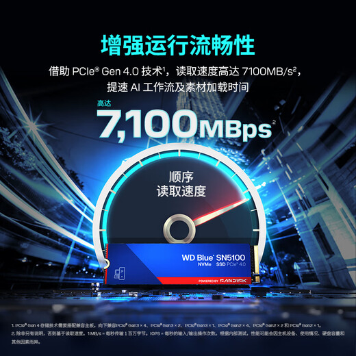 Disque SSD Western Digital Interface SanDisk SN5100 M.2 (NVMe PCIe 4.0) Accessoires pour ordinateurs portables AI Puces originales non tombées ou fausses spécifications SN5100 | 1 To, 7 100 Mo/s