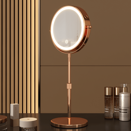 Large LED makeup mirror that can be raised and lowered, telescopic double-sided mirror with light, desktop magnifying mirror, height-adjustable 9 inches_Silver_Straight pole_5x magnification