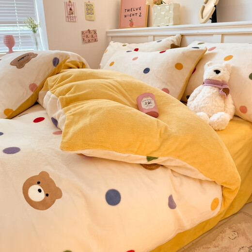 Winter coral velvet bedding four-piece set, double-sided thickened milk college student sheets, quilt cover, three-piece fitted sheet, polka dot bear, sheet style 1.8 four-piece set - quilt cover 200*230