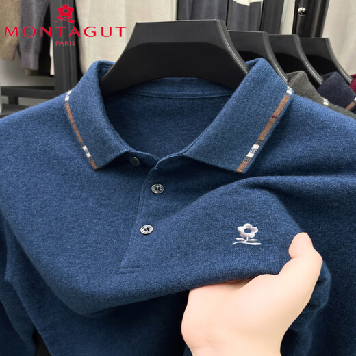梦特娇（MONTAGUT）纯衫羊绒衫男毛衣纯色翻领中年打底长袖T恤爸爸装 藏青色 M 170/88A