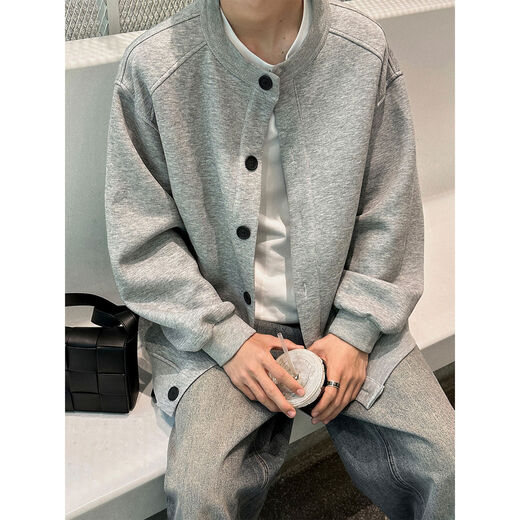 Hong Kong literary men's 340g heavy cardigan thick cotton T men's autumn cleanfit solid color Henry collar button coat floral gray M M