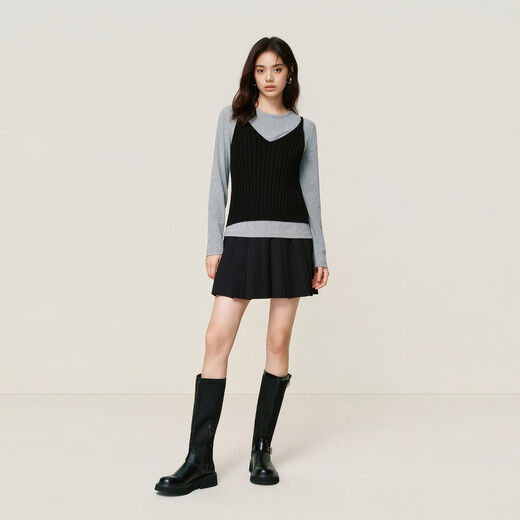 Peacebird Shopping Mall Same Style New Solid Color Long Sleeve T-Shirt Cashmere Blended Vest Two-piece Set A1CDF4491 Extreme Gray M 160