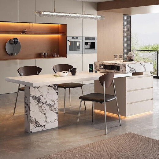 Shanghuashi island dining table integrated modern simple light luxury retractable dining table small apartment living room home dining table and chairs complete set 1.6 meters total length 1.95 (total length after telescopic 2.4 meters) hanging rock plate + slide rail socket (induction cooker model)