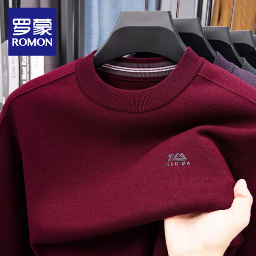 ROMON wool sweater men's round neck sweater men's long-sleeved autumn and winter middle-aged solid color casual velvet sweater bottoming shirt for men burgundy velvet thickened XL 135-150Jin Jin equals 0.5 kg