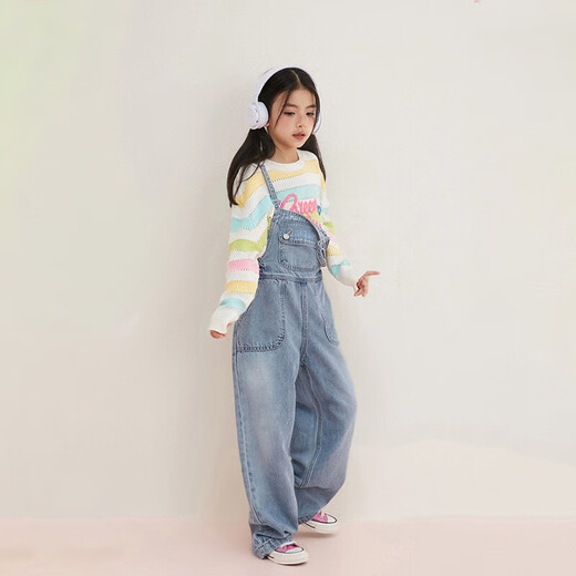 Girls and children's clothing denim overalls for spring and autumn, medium and large children's new Korean style pants, children's casual all-match straight pants, blue 140 140cm