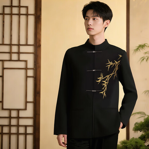 GOKU Men's New Chinese Style Engagement Dress Stand Collar Mao Suit Suit Chinese Style Embroidered Suit for Marriage Tang Suit Men Golden Bamboo Jacket + Pants 3XL Recommended Weight 150-180 Jin Jin equals 0.5 kg