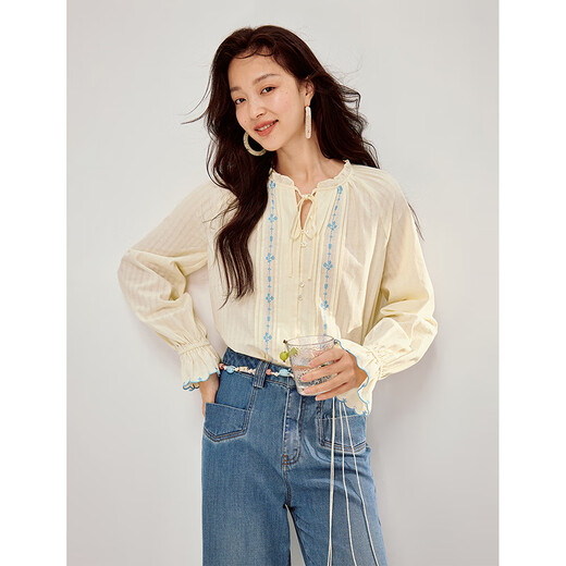 INMAN contrast color embroidered lace temperament shirt 2026 spring women's new simple long-sleeved shirt beige M