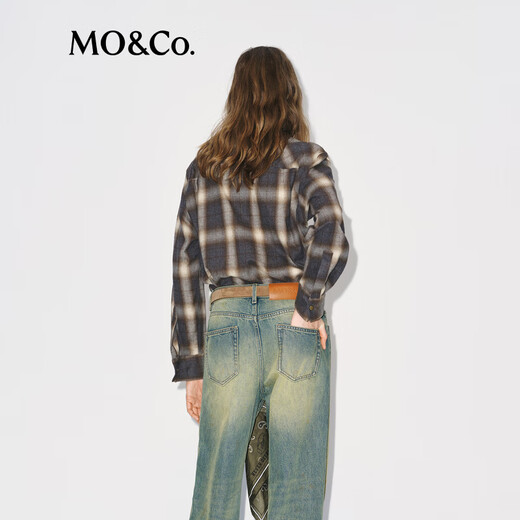 MO&Co. Shirt 2025 Winter New Product Double-sided Brushed Thick Cotton Gradient Plaid Matte Old Feel Unisex MBE4SHT003 Gray Brown Plaid S /160