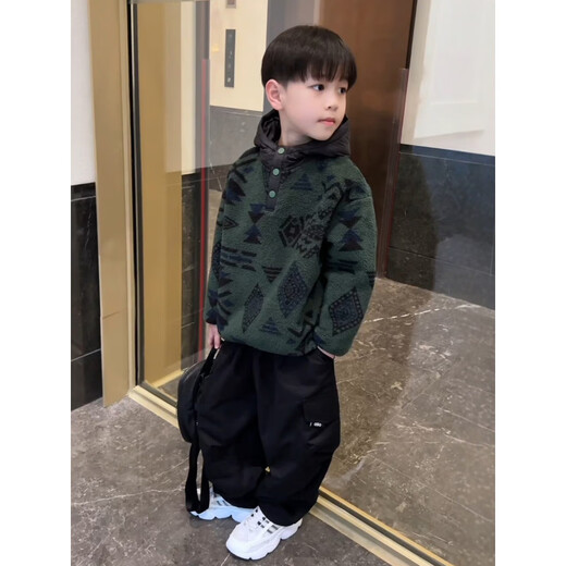 Burwilde international brand boys' velvet sweatshirt suit 2025 new children's autumn and winter wool sweater handsome and thickened green suit velvet 160 cm