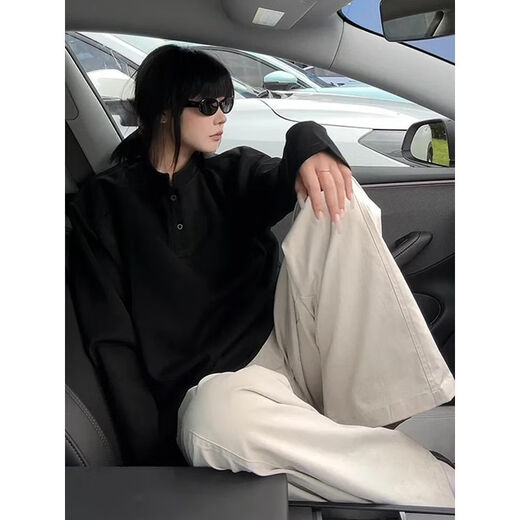 Katuchi American Henry collar long-sleeved sweatshirt for men and women in autumn and winter plus velvet thick boxy version right shoulder inner layering clothes base shirt white gray XL