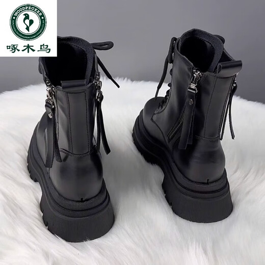 
Woodpecker genuine leather thick-soled Martin boots for women 2025 new spring and summer fashion trend British style short boots autumn and winter plus fleece single boots black * single 37