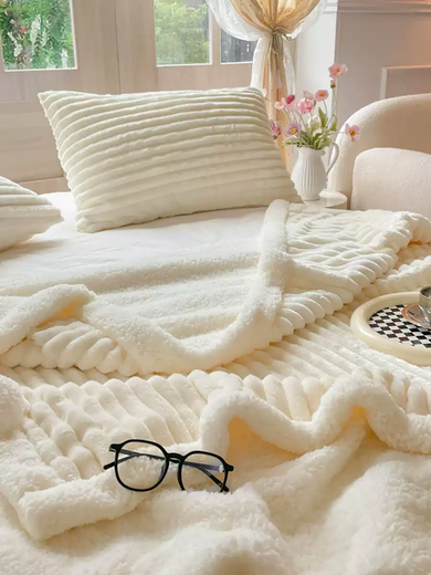 RSRDDY Home Textiles Simple Four Seasons Blanket Thickened Rabbit Velvet Lamb Velvet Blanket Warm Single Double Baby Blanket Striped-Original White 100x150cm Baby