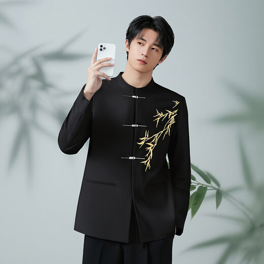 GOKU Men's New Chinese Style Engagement Dress Stand Collar Mao Suit Suit Chinese Style Embroidered Suit for Marriage Tang Suit Men Golden Bamboo Jacket + Pants 3XL Recommended Weight 150-180 Jin Jin equals 0.5 kg