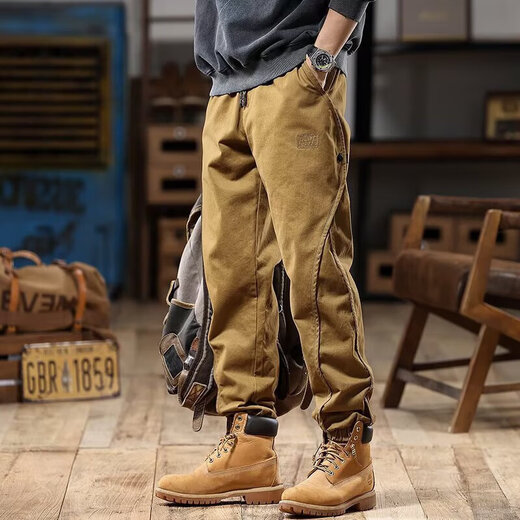 American high-end British overalls, trendy brand men's ankle-tied spring and autumn loose large size handsome retro casual pants, camel + black, two-piece set, regular 3XL, recommended 160-180Jin Jin is equal to 0.5 kg