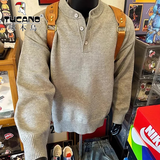 TUCANO Sweater Men's American Henley Collar Knitted Sweater Men's Long Sleeve Lazy Style Fashionable Bottoming Knitted Sweater Jacket Light Gray Upgrade XL About 130~145Jin Jin equals 0.5 kg