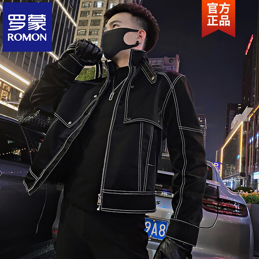 ROMON Contrast Color Leather Men's Spring and Autumn Trendy Brand Handsome Jacket 2026 New Men's Trendy Casual Jacket Black XL Recommended 135-145 Jin Jin equals 0.5 kg