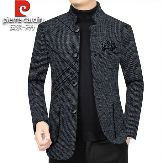 Pierre Cardin high-end woolen jacket men's autumn and winter velvet thickened middle-aged dad casual men's woolen tunic suit black gray N7315 cotton XL 180- 135-150Jin Jin equals 0.5 kg