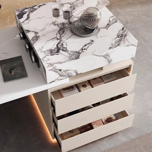 Shanghuashi island dining table integrated modern simple light luxury retractable dining table small apartment living room home dining table and chairs complete set 1.6 meters total length 1.95 (total length after telescopic 2.4 meters) hanging rock plate + slide rail socket (induction cooker model)