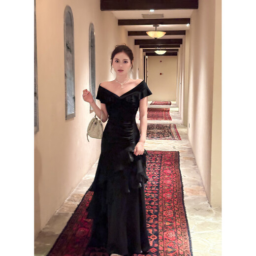 GJFDGood Job Rubens Holiday French black one-shoulder light luxury dress niche dress fishtail skirt porcelain black L