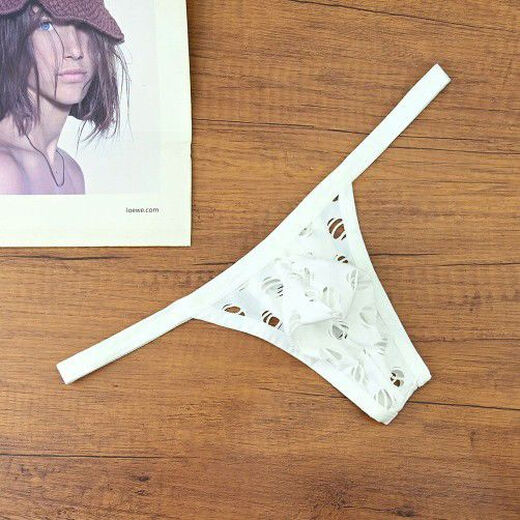 Men's underwear sexy transparent hollow breathable thong low waist U convex solid color single butt personalized mesh quick-drying white M90-105Jin Jin equals 0.5 kg