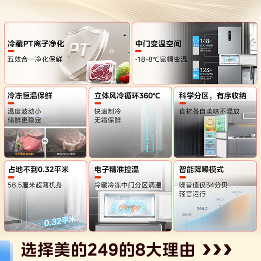 Midea 249 three-door multi-door double frequency conversion first-class energy efficiency air-cooled frost-free mid-door variable temperature large freezer space energy-saving low-noise rental small household small refrigerator government subsidy 20% MR-249WTPE
