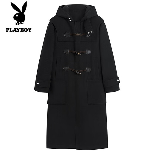 PLAYBOY Woolen Coat Men's Mid-Length Horn Button Windbreaker 2025 New Spring and Autumn Style British Style Woolen Coat Black 2XL