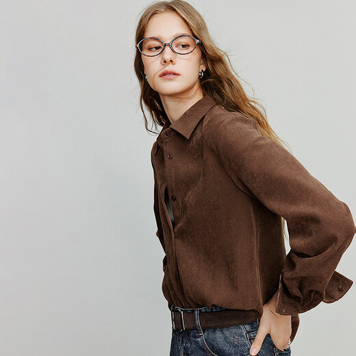 Chuyu Shirt 2025 Autumn New Style Luli Style Brushed Stitching Plaid Shirt Versatile Top Mocha Brown M