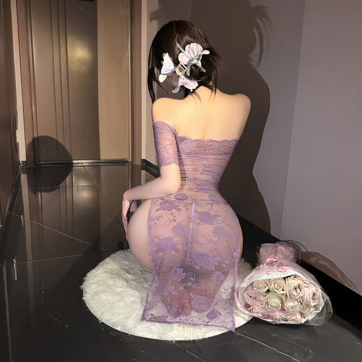 Universal sexy pajamas for female couples, stimulating cheongsam uniform, tempting tight-fitting pure desire hip-covering skirt, robe, bed help corner, pink rhyme cheongsam + purple butterfly open jumpsuit (comes with stockings)