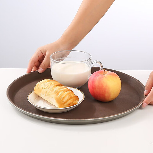 Jieyi large tray rectangular round tray non-slip tea tray plastic tray hotel serving tray food tray tray plastic brown round 35CM