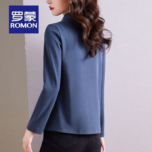 ROMON's new autumn and winter solid color double-sided German velvet long-sleeved shirt for women, versatile brushed plus velvet warm base cardigan shirt, blue gray M 85-100Jin Jin equals 0.5 kg