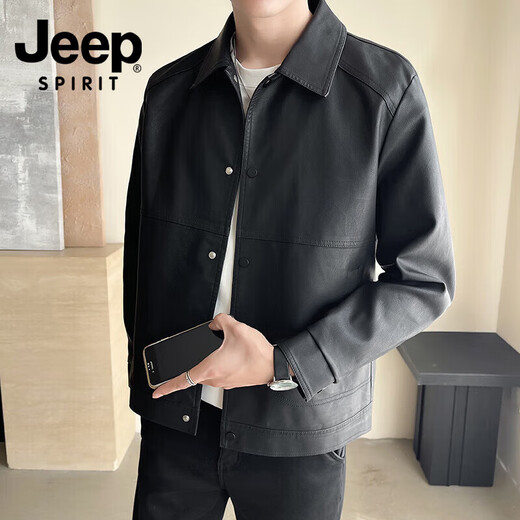 JEEP SPIRIT Jeep Jacket Outdoor Windproof Leather Jacket Jacket Comfortable and Warm Trendy Business Casual Spring and Autumn Mid-aged Black L