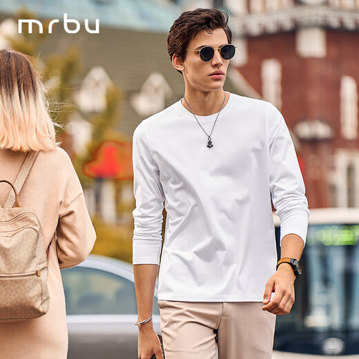 Mr. Bu star-like long-sleeved T-shirt for men's small white T-inner, long-sleeved standard T-round neck-white L(175)