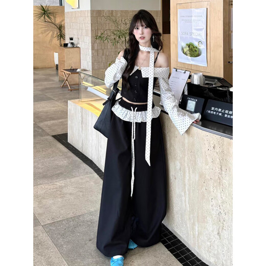 Apocalypse Century Black Polka Dot One Shoulder Long Sleeve Top Women's Early Autumn Tube Top Hot Girl Wide Leg Pants Suit Black Suit S 40/45kg