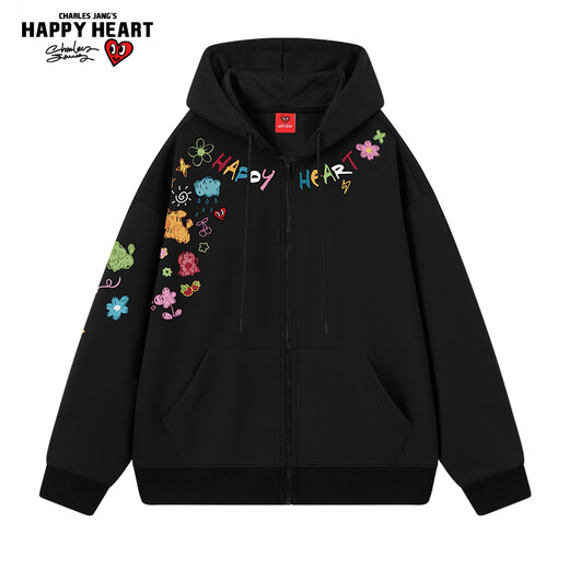 Charles Heart American Painted Graffiti Printed Cardigan Sweater Autumn Trendy Brand New Hooded Couple Jacket Black M