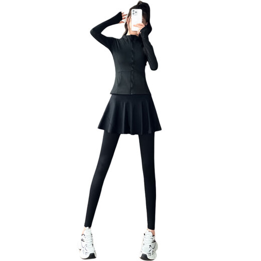 Aimengniao (Aimengniao) fitness pants suit women's autumn 2025 new yoga Pilates fitness pants skirt sports jacket cycling mountaineering jacket two-piece set black + black L