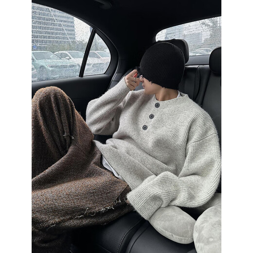 Autumn and winter retro lazy old money style heavyweight thickened loose outer wear and inner Henry collar sweater sweater men's trend gray M _100Jin Jin is equal to within 0.5 kg