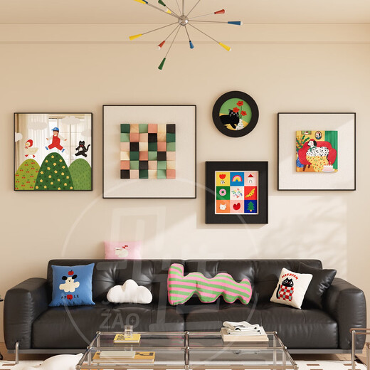 Jianzao three-dimensional solid wood painting dopamine green hanging painting modern style living room sofa background wall high-end decorative painting type B - sandstone texture three-dimensional painting combination medium set suitable for living room sofa 2.6 meters - 3.5 meters black aluminum alloy frame 3.5cm thick three-dimensional wood block + artistic concave and convex cloth printing + glass mirror UV printing