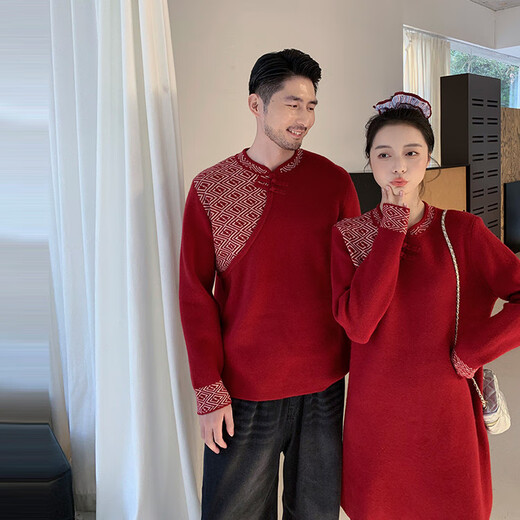 G.duck little yellow duck parent-child clothing children's sweater autumn and winter family clothing for a family of three and four red festive photo outdoor clothing double button sweater dress 175 L