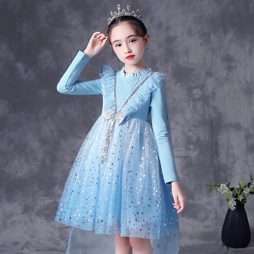 3-6 year old little girl dress, children's clothing, western dress, female spring and autumn tutu skirt, birthday bow princess dress, long-sleeved dress, blue bow veil 130