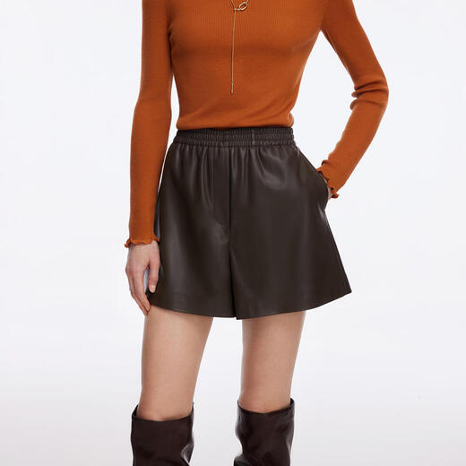 Gloria PU leather shorts for women 2025 new autumn and winter popular wear high waist pants for small people 1ECC1A450 90Y dark brown S