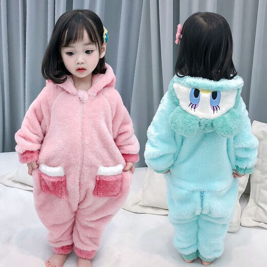 Children's one-piece pajamas autumn and winter thickened velvet warm sleeping bag for boys and girls belly protection plush warm home clothes pink 120