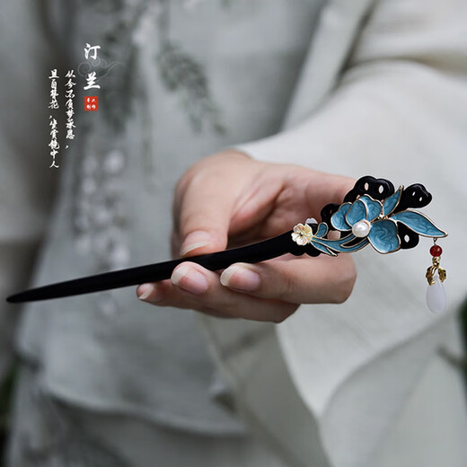 Bo Na Ling Hairpin Black Sandalwood Coiled Hair Ancient Style Women's Wooden Retro Hairpin Hair Accessory New Chinese Style Wooden Hairpin Gift for Girlfriend Burnt Blue Floral Hairpin Black Sandalwood Gift Box