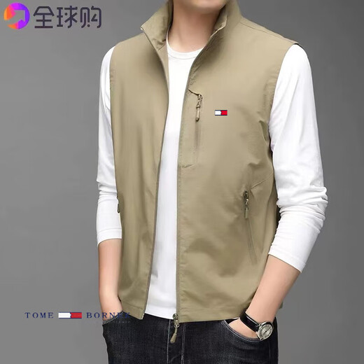 TOME BORNEK汤米男士春秋薄款立领马甲夹克背心户外钓鱼无袖坎肩高端外套潮 蓝色HKTM-686 加绒 L 建议体重120-140斤
