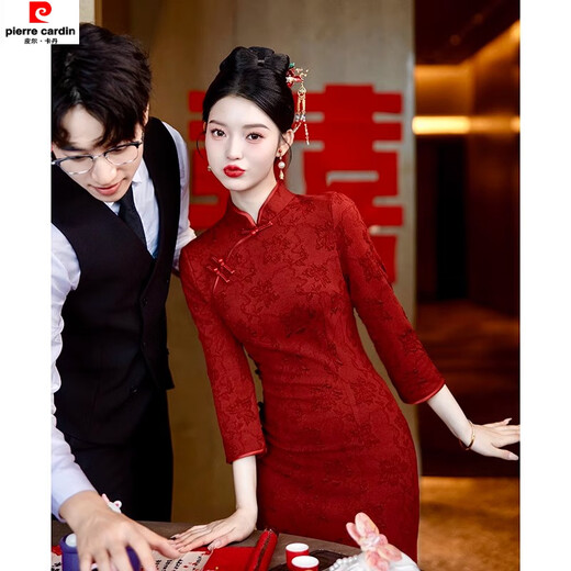 Pierre Cardin New Chinese Style Red Wedding Cheongsam Toast Wear 2025 New Bride Long Engagement Party Slim Dress Burgundy S